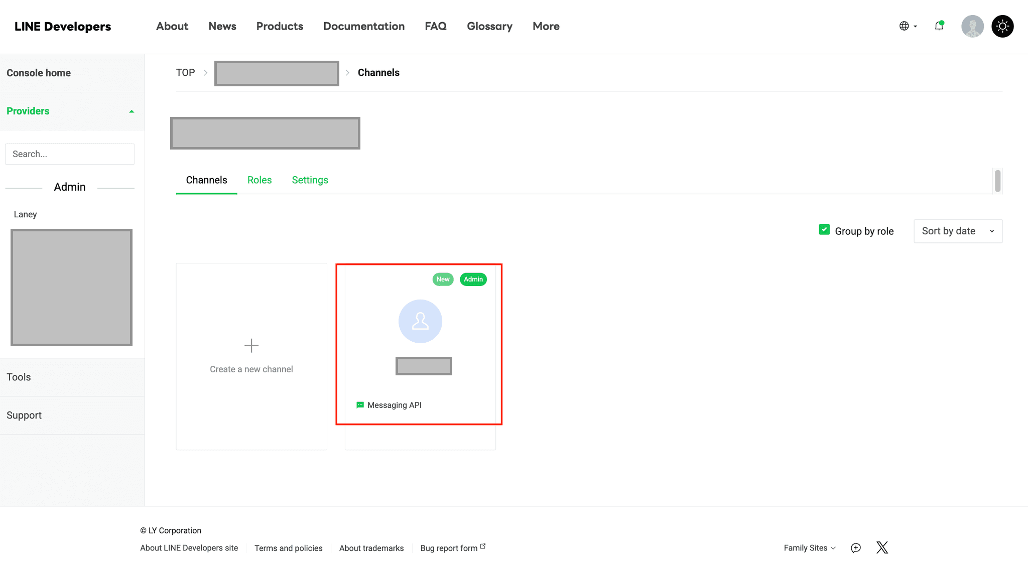 Channels 탭의 Messaging API